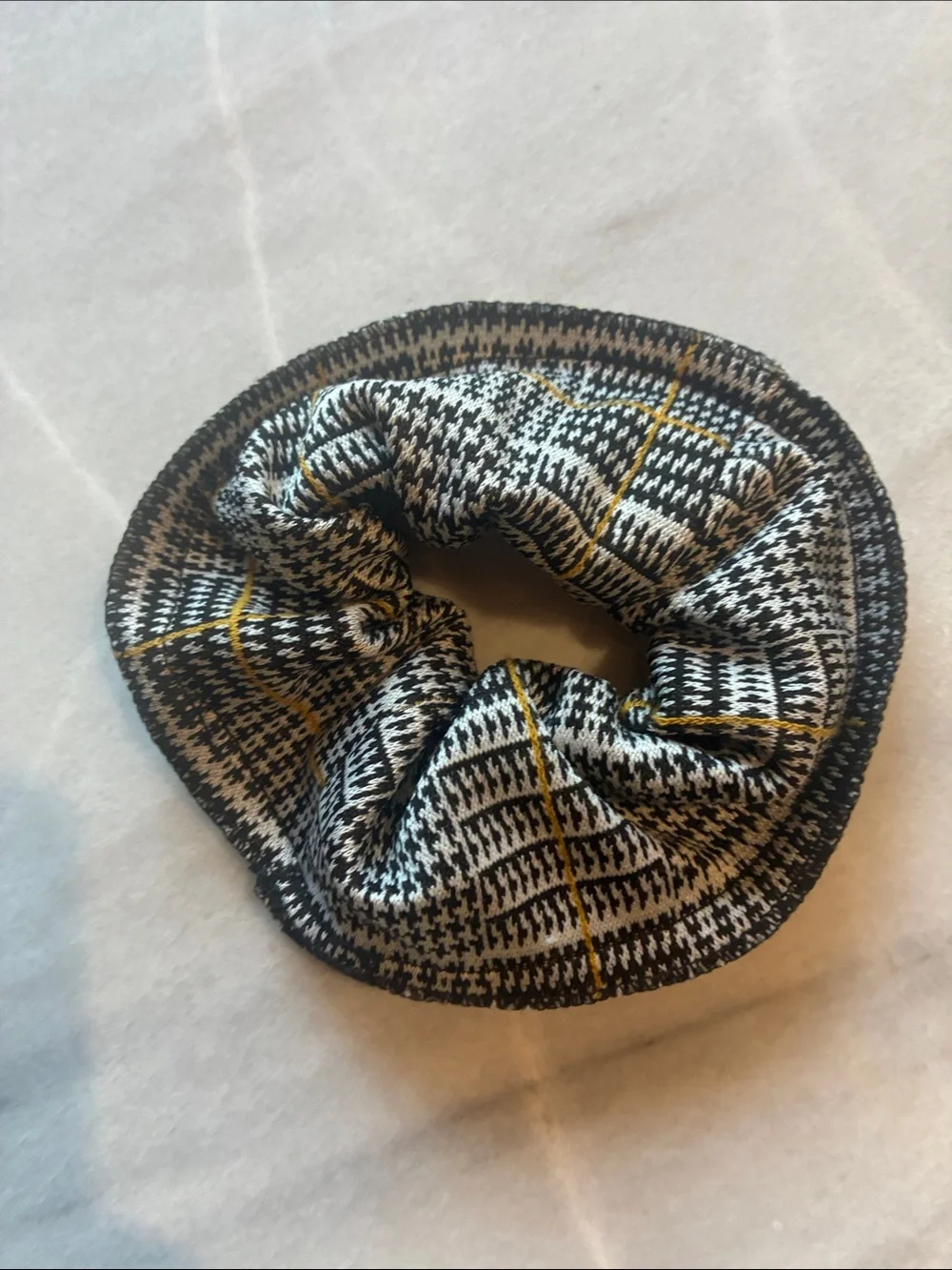 Checked Knit Scrunchie Hair Tie in Black and White with Yellow Accent
